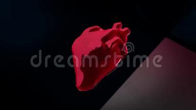 彩色的抽象三维模型，`在黑暗的背景下跳动的心脏。 动画。 人体解剖